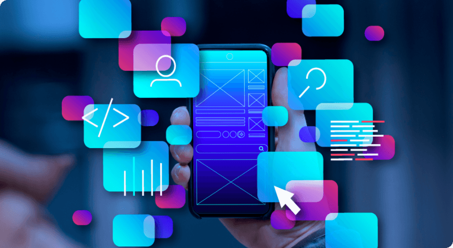 Mobile app development with colorful UI elements and smartphone